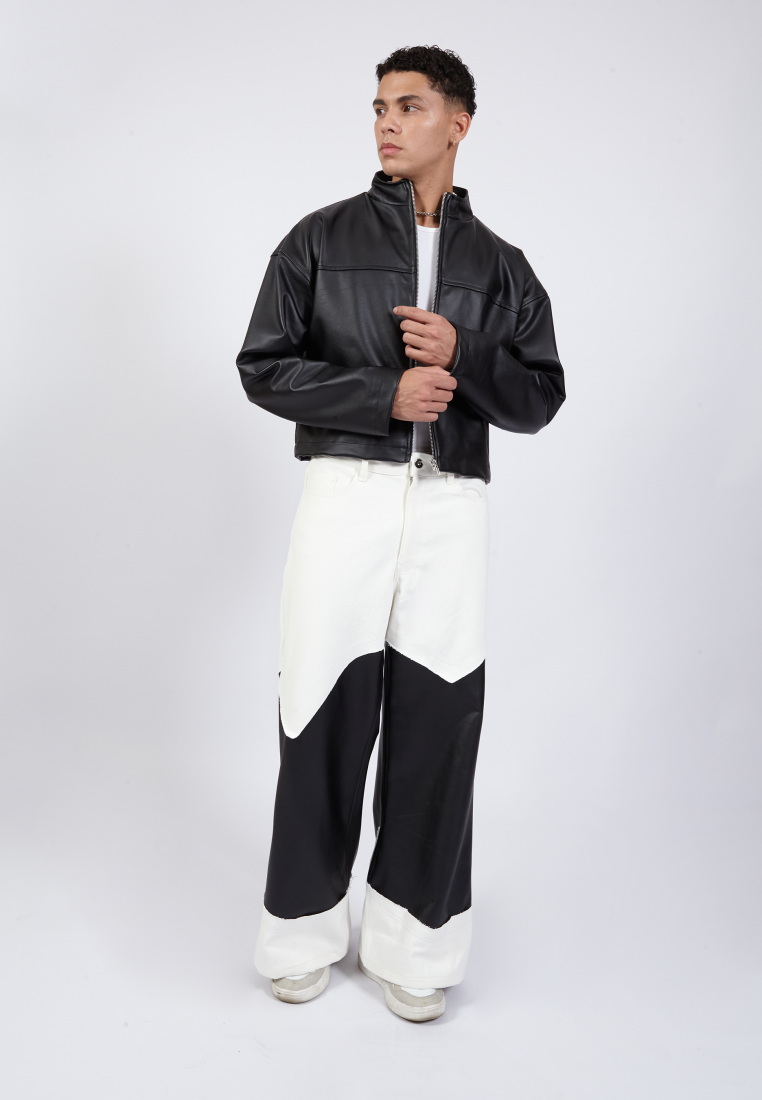 OCWA YAEL WIDELEG FLARE WHITE DENIM MIXED BLACK LEATHER JEANS