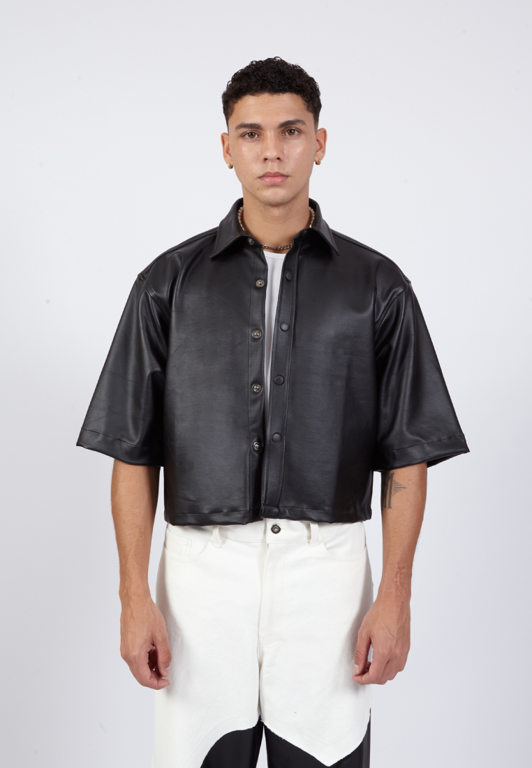 OCWA NEO OVERSIZED CROP SHORT SLEEVE BLACK LEATHER SHIRT