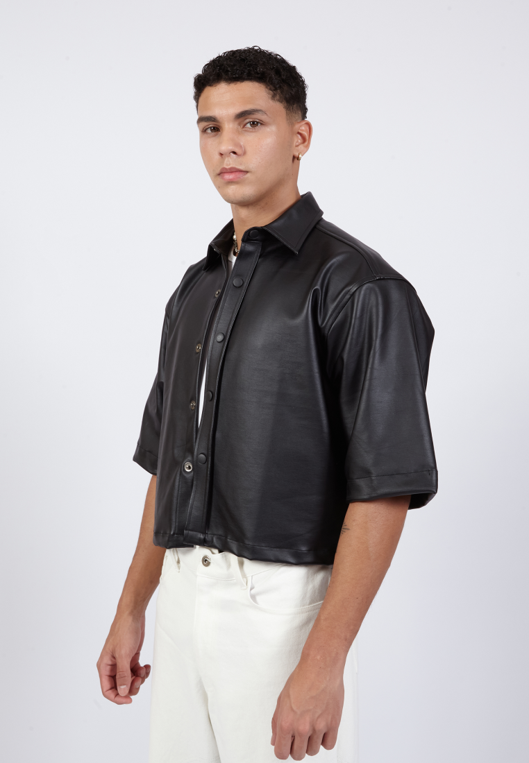 OCWA NEO OVERSIZED CROP SHORT SLEEVE BLACK LEATHER SHIRT