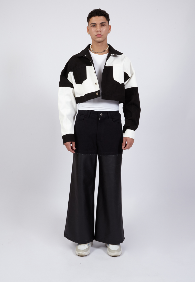 OCWA KYLE WIDE LEG BLACK DENIM MIXED BLACK LEATHER JEANS PANTS MEN