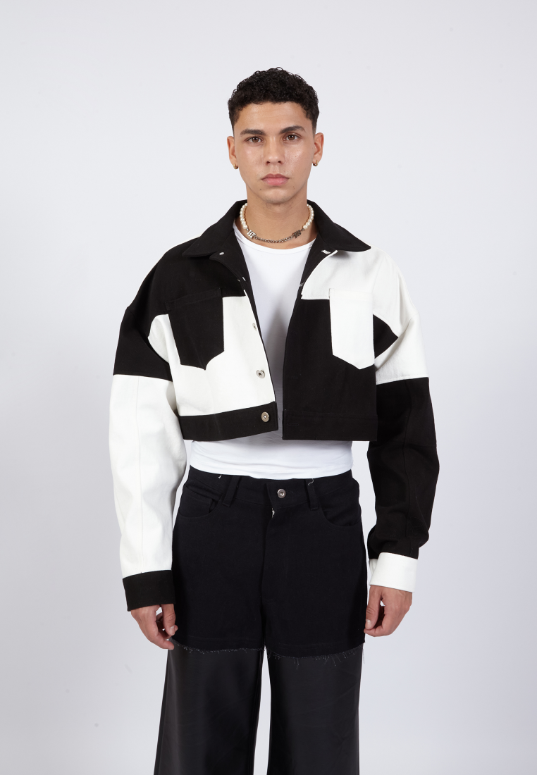 OCWA LENNON BLACK WHITE CROP DENIM JACKET