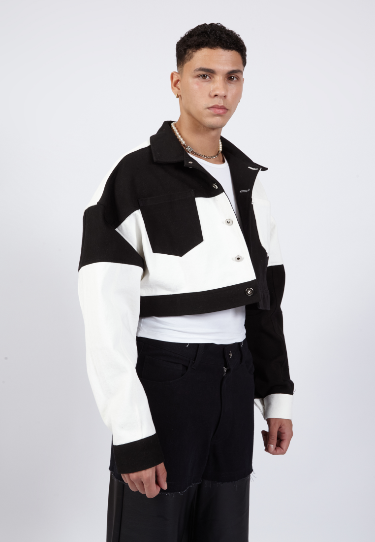 OCWA LENNON BLACK WHITE CROP DENIM JACKET