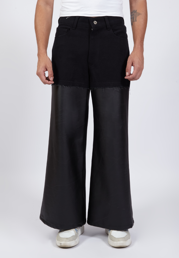 OCWA KYLE WIDE LEG BLACK DENIM MIXED BLACK LEATHER JEANS PANTS MEN