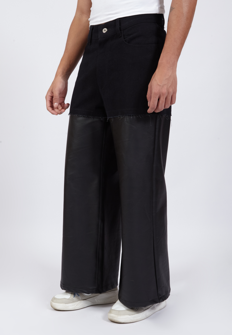 OCWA KYLE WIDE LEG BLACK DENIM MIXED BLACK LEATHER JEANS PANTS MEN