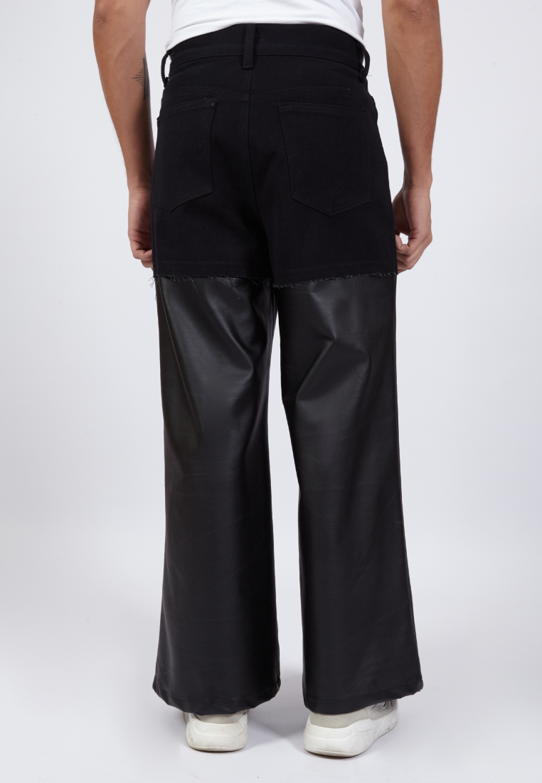 OCWA KYLE WIDE LEG BLACK DENIM MIXED BLACK LEATHER JEANS PANTS MEN