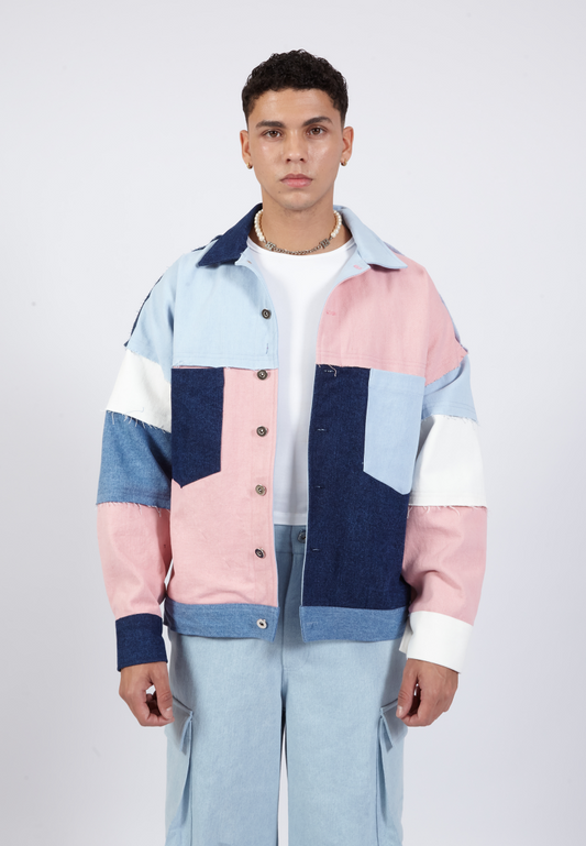OCWA FINLEY OVERSIZED PATCH COLORBLOCK BLUE WHITE PINK DENIM JACKET