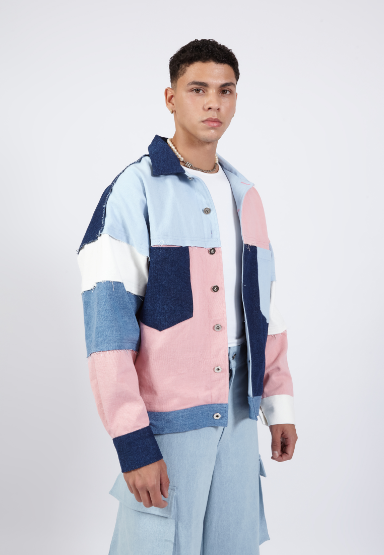 OCWA FINLEY OVERSIZED PATCH COLORBLOCK BLUE WHITE PINK DENIM JACKET