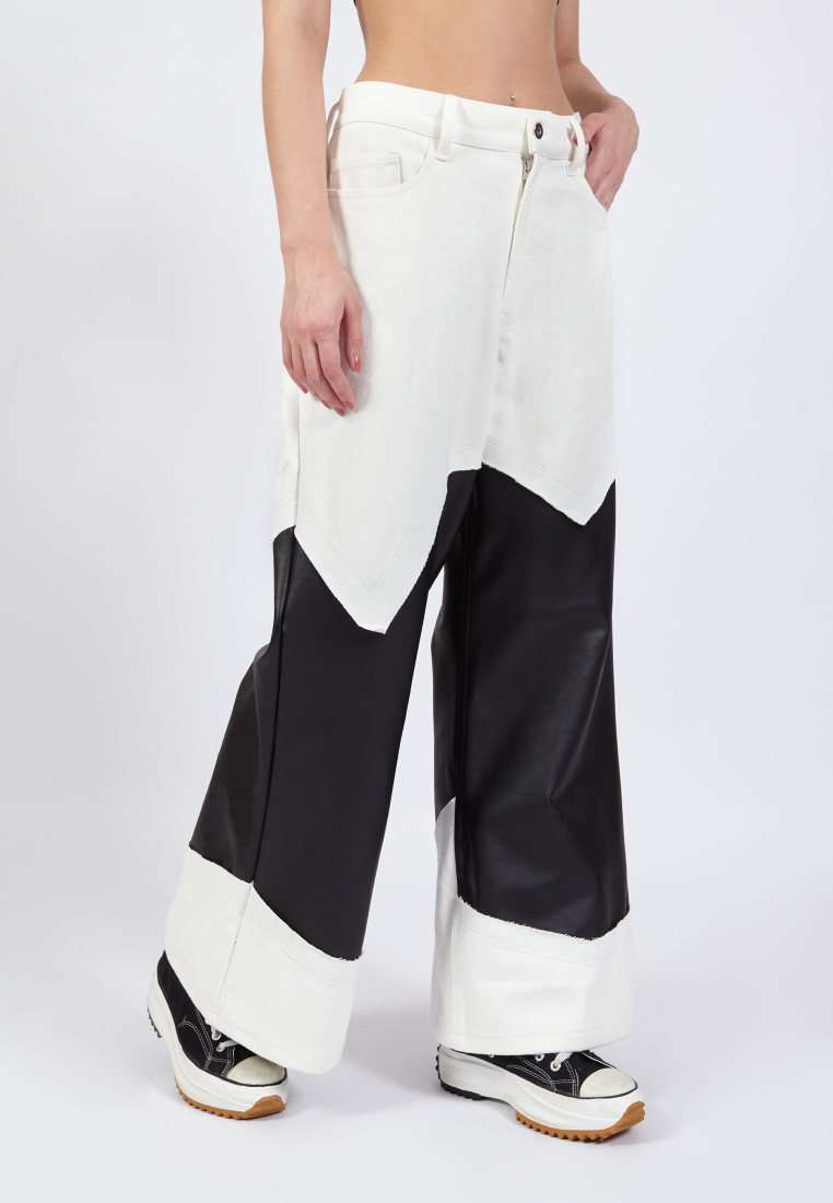 OCWA YAEL WIDELEG FLARE WHITE DENIM MIXED BLACK LEATHER JEANS