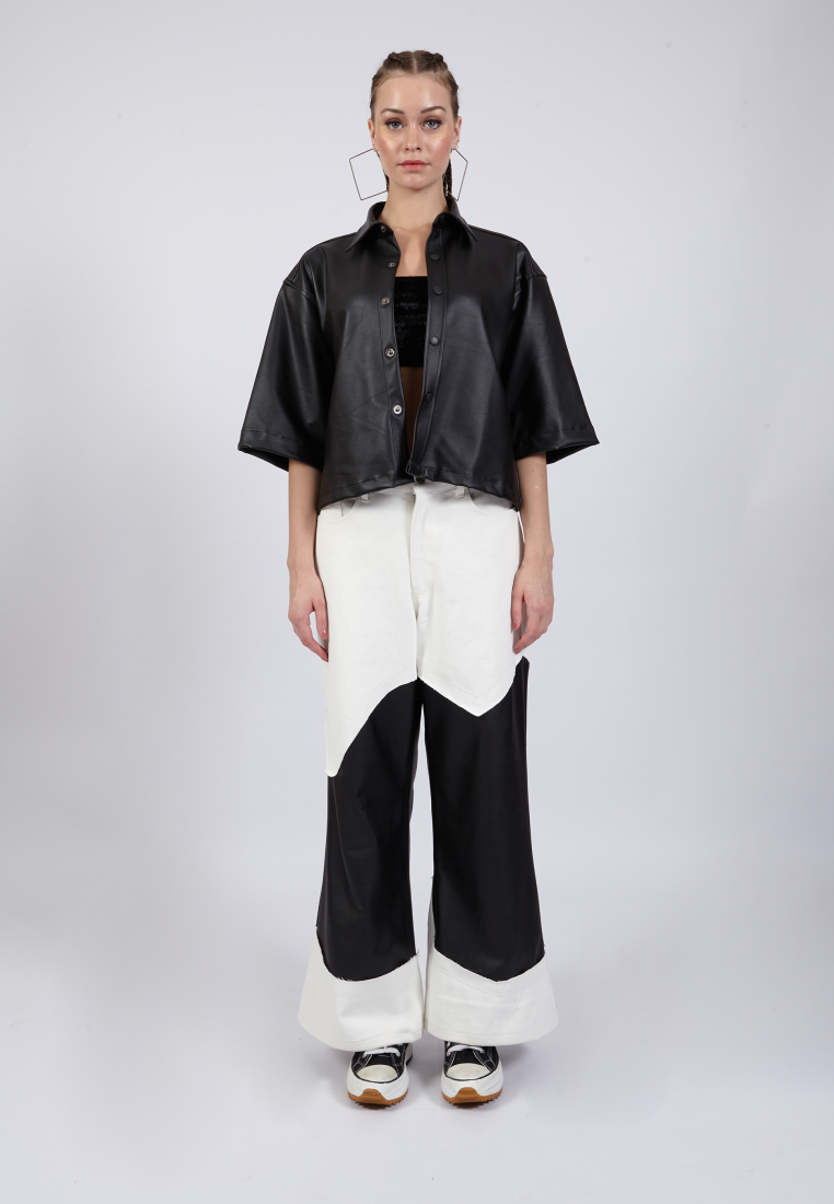 OCWA YAEL WIDELEG FLARE WHITE DENIM MIXED BLACK LEATHER JEANS