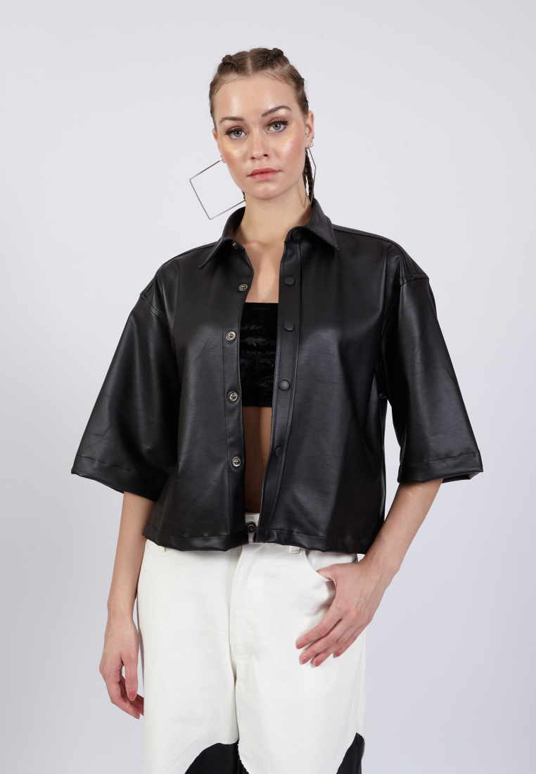 OCWA NEO OVERSIZED CROP SHORT SLEEVE BLACK LEATHER SHIRT