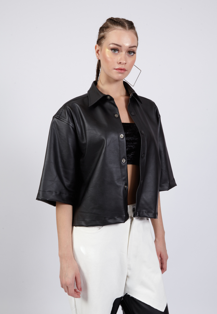 OCWA NEO OVERSIZED CROP SHORT SLEEVE BLACK LEATHER SHIRT