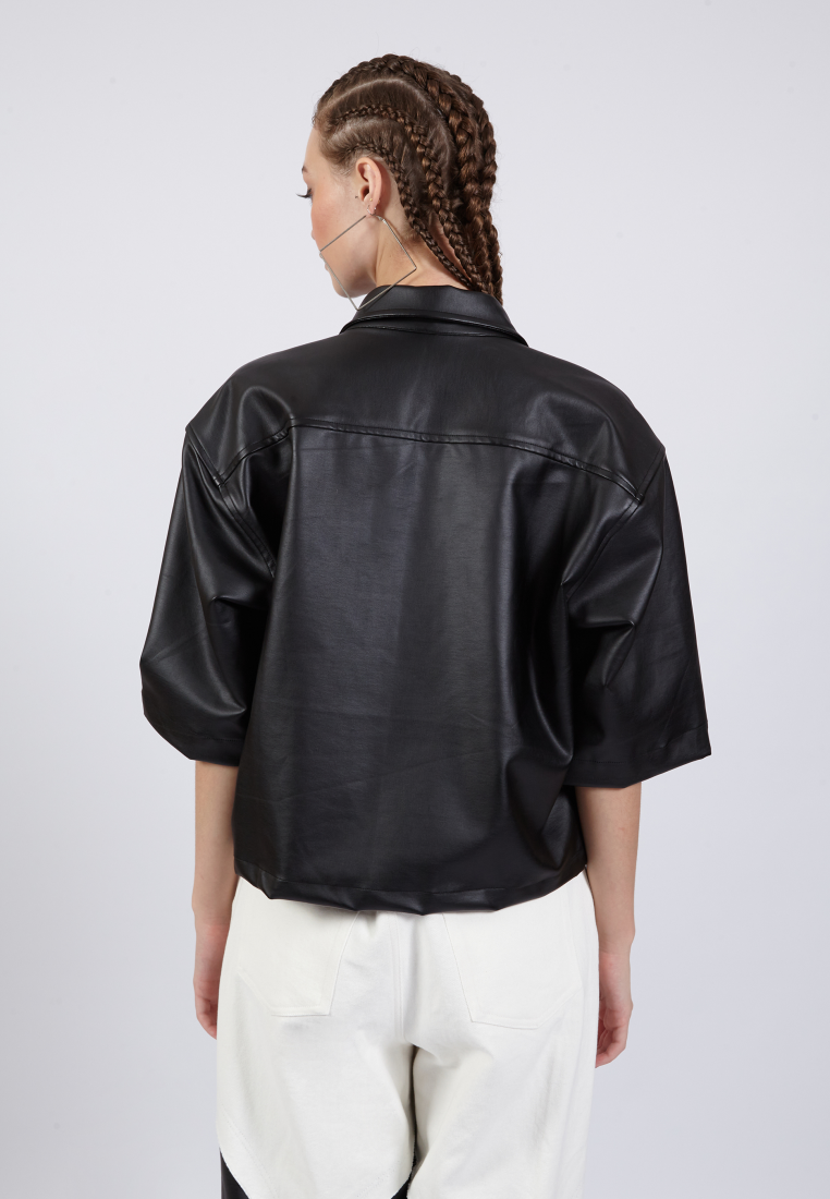 OCWA NEO OVERSIZED CROP SHORT SLEEVE BLACK LEATHER SHIRT