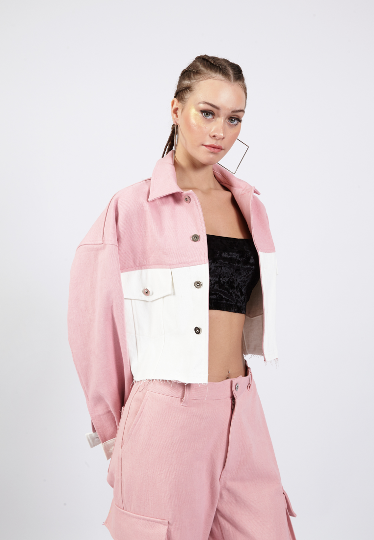 OCWA LUX PINK WHITE CROP DENIM JACKET