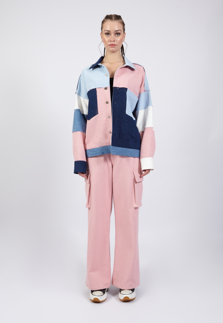 OCWA FINLEY OVERSIZED PATCH COLORBLOCK BLUE WHITE PINK DENIM JACKET