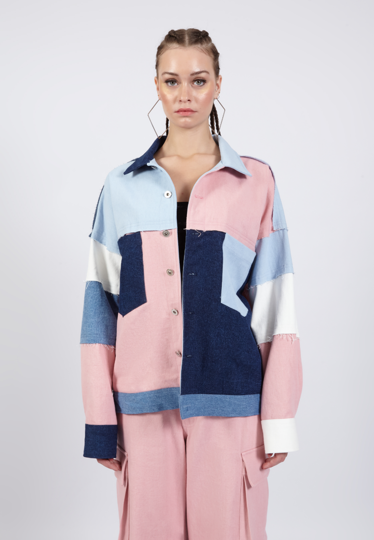 OCWA FINLEY OVERSIZED PATCH COLORBLOCK BLUE WHITE PINK DENIM JACKET
