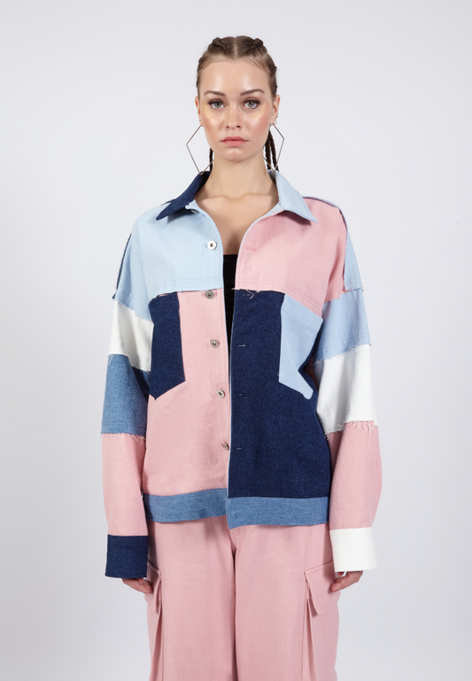 OCWA FINLEY OVERSIZED PATCH COLORBLOCK BLUE WHITE PINK DENIM JACKET
