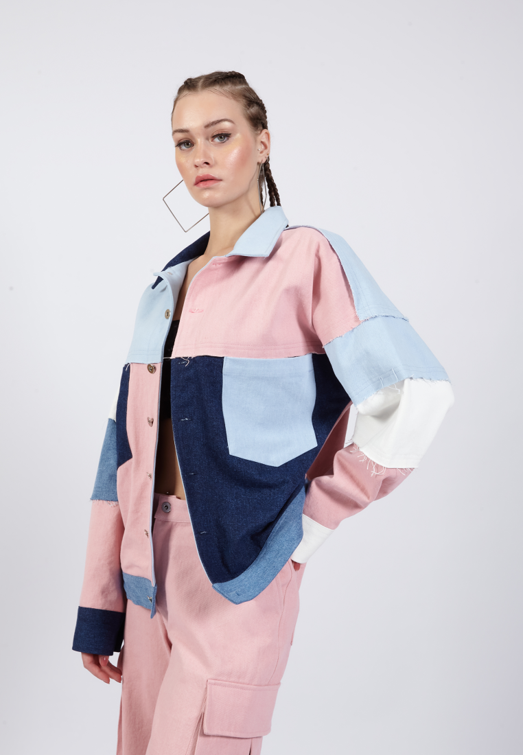 OCWA FINLEY OVERSIZED PATCH COLORBLOCK BLUE WHITE PINK DENIM JACKET