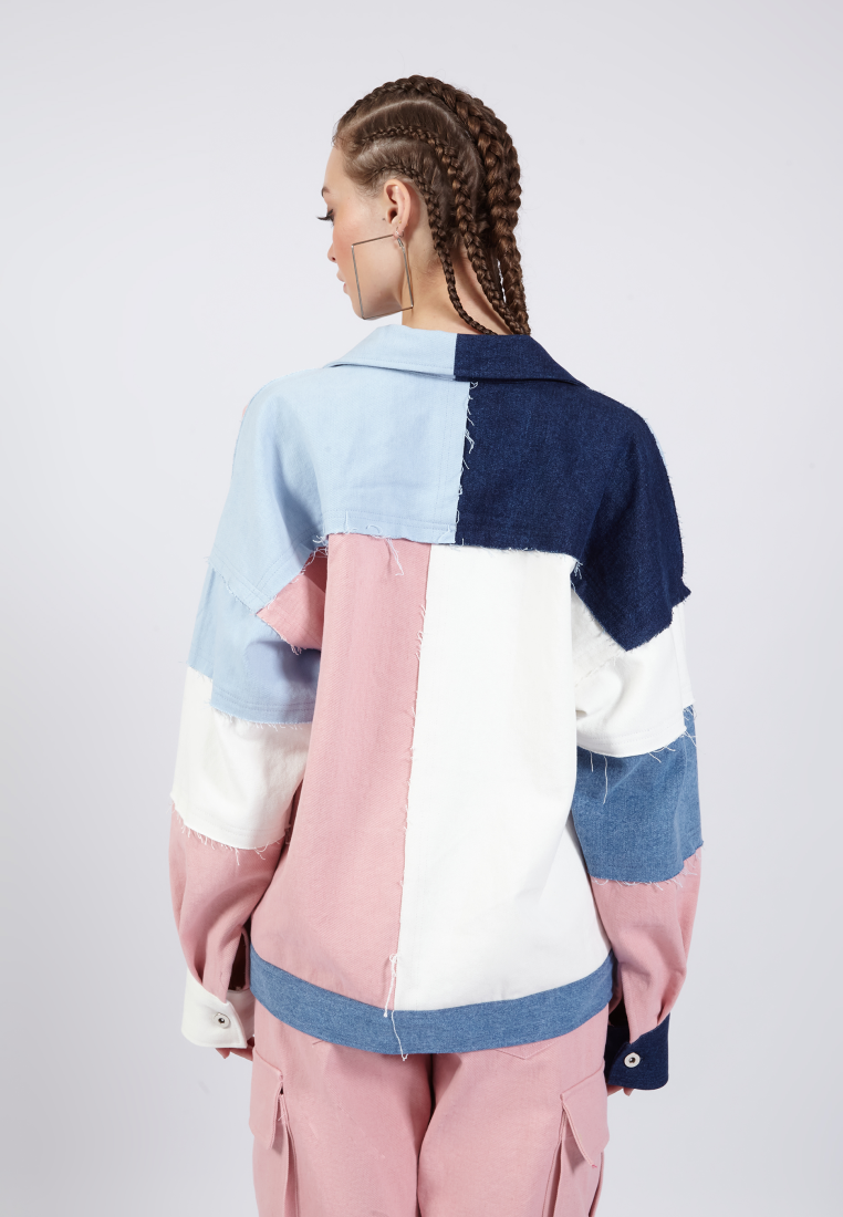 OCWA FINLEY OVERSIZED PATCH COLORBLOCK BLUE WHITE PINK DENIM JACKET