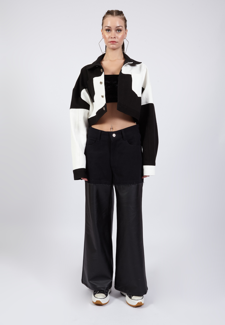 OCWA KYLE WIDE LEG BLACK DENIM MIXED BLACK LEATHER JEANS PANTS