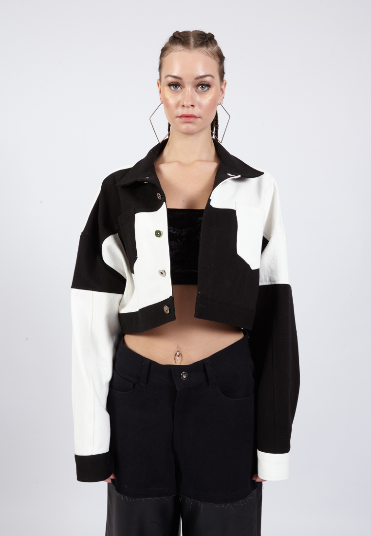 OCWA LENNON BLACK WHITE CROP DENIM JACKET