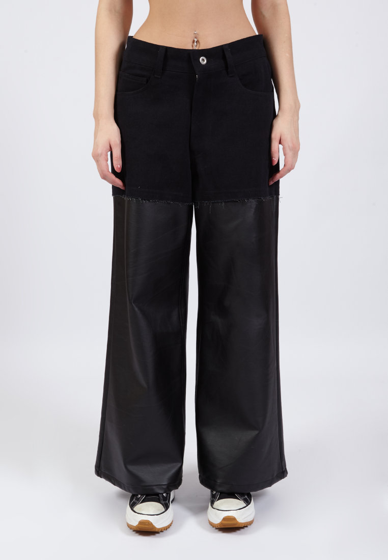 OCWA KYLE WIDE LEG BLACK DENIM MIXED BLACK LEATHER JEANS PANTS