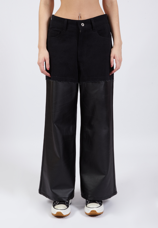 OCWA KYLE WIDE LEG BLACK DENIM MIXED BLACK LEATHER JEANS PANTS