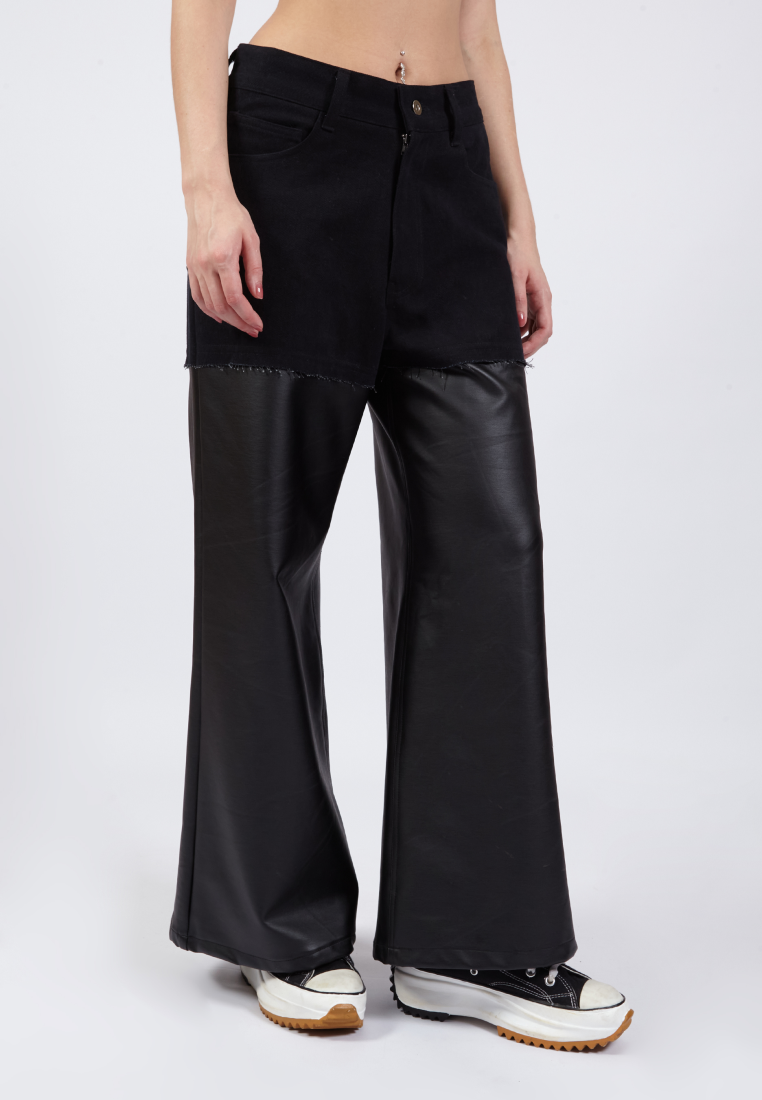 OCWA KYLE WIDE LEG BLACK DENIM MIXED BLACK LEATHER JEANS PANTS