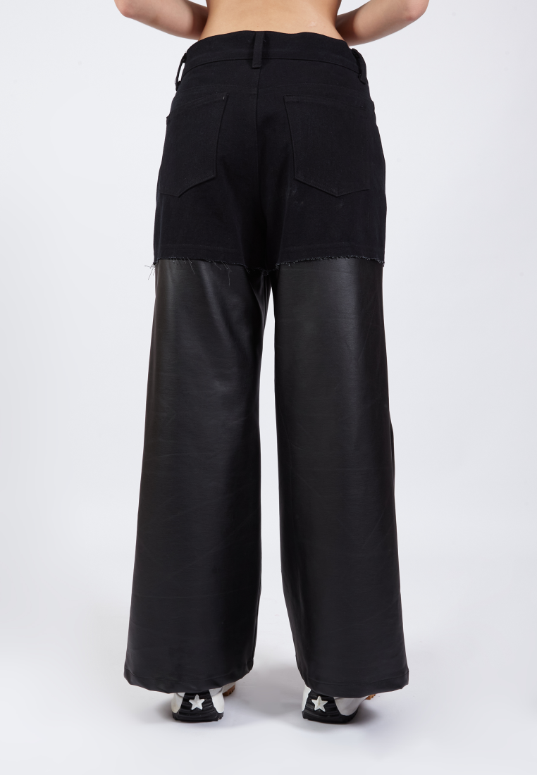 OCWA KYLE WIDE LEG BLACK DENIM MIXED BLACK LEATHER JEANS PANTS