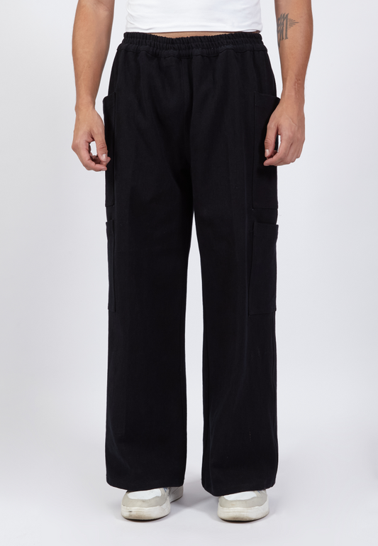 OCWA SILOH WIDE LEG CARGO BLACK DENIM JEANS WITH POCKET