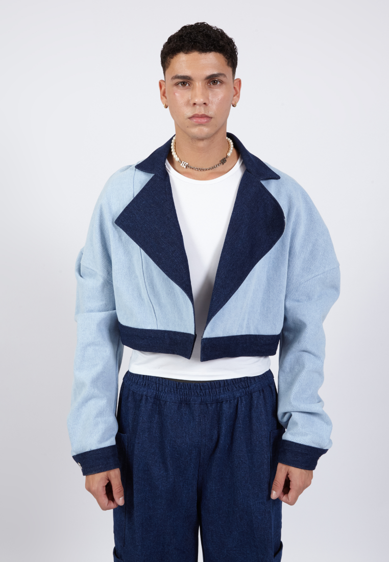 OCWA LEVI PUFF SLEEVE CROP DENIM LIGHT AND DARK BLUE JACKET