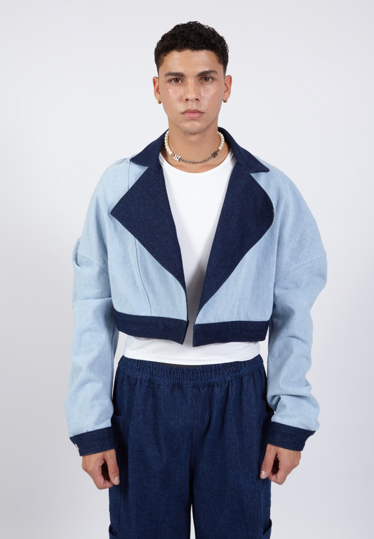 OCWA LEVI PUFF SLEEVE CROP DENIM LIGHT AND DARK BLUE JACKET