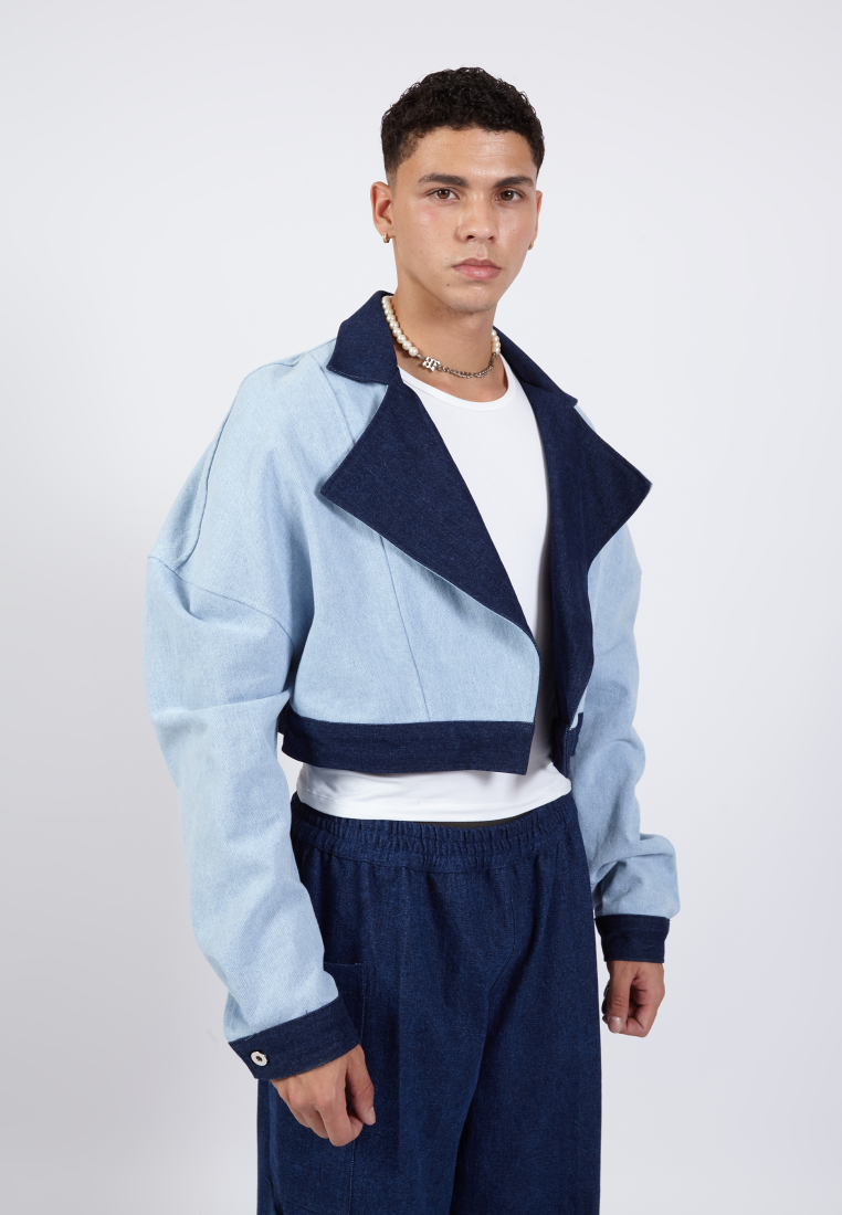OCWA LEVI PUFF SLEEVE CROP DENIM LIGHT AND DARK BLUE JACKET