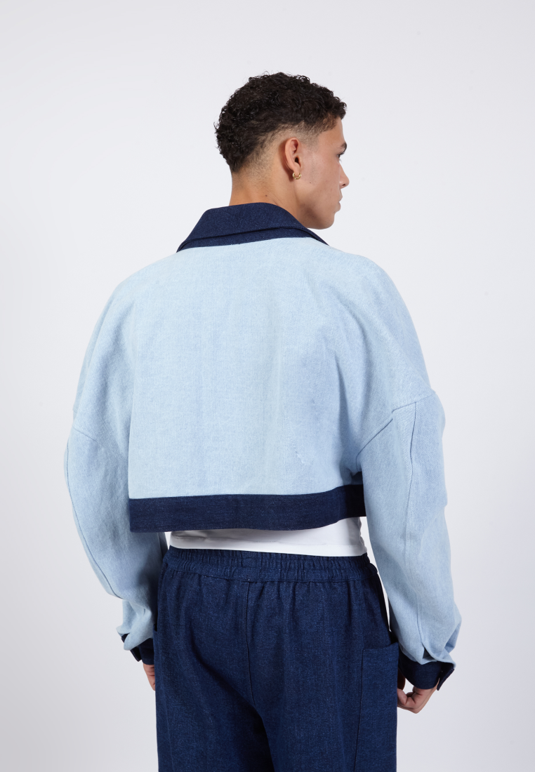 OCWA LEVI PUFF SLEEVE CROP DENIM LIGHT AND DARK BLUE JACKET