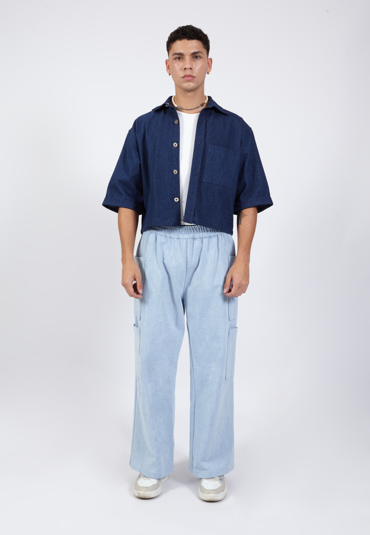 OCWA ROMMY OVERSIZED CROP SHORT SLEEVE NAVY DARK BLUE DENIM SHIRT
