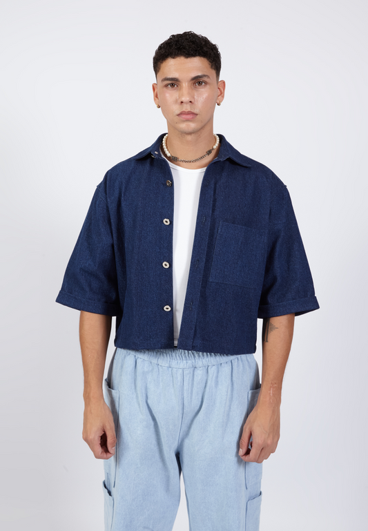 OCWA ROMMY OVERSIZED CROP SHORT SLEEVE NAVY DARK BLUE DENIM SHIRT