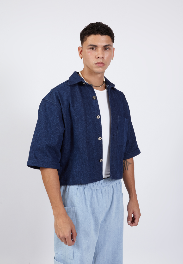 OCWA ROMMY OVERSIZED CROP SHORT SLEEVE NAVY DARK BLUE DENIM SHIRT