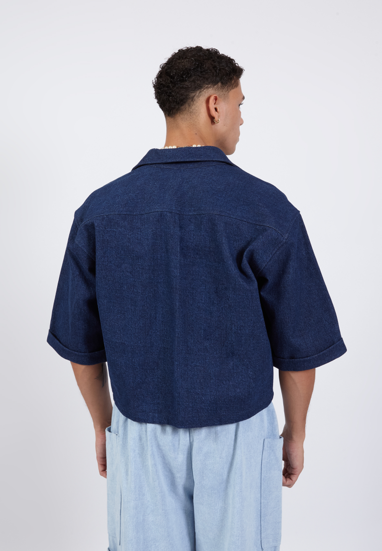OCWA ROMMY OVERSIZED CROP SHORT SLEEVE NAVY DARK BLUE DENIM SHIRT