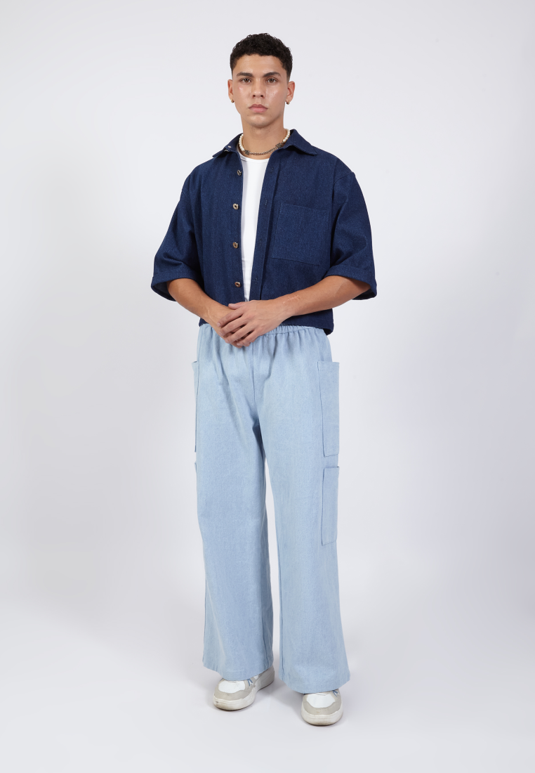 OCWA ROMMY OVERSIZED CROP SHORT SLEEVE NAVY DARK BLUE DENIM SHIRT