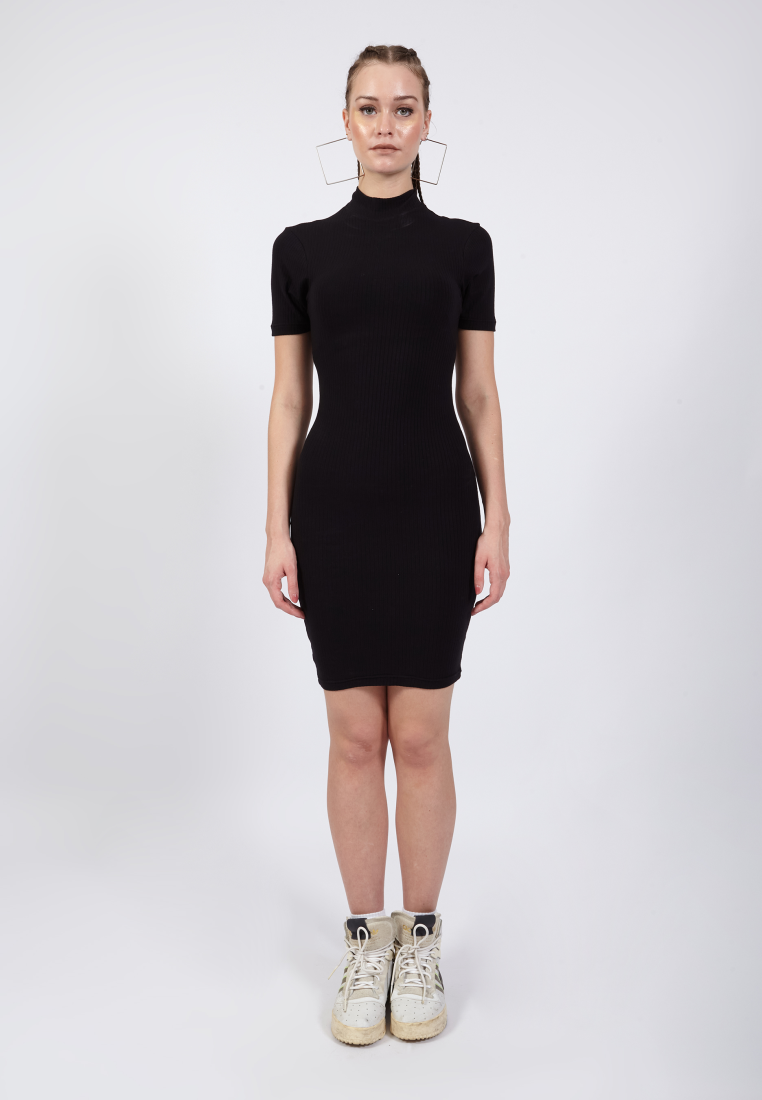 OCWA VEGA FITTED MINI SHORT SLEEVE KNIT DRESS BLACK