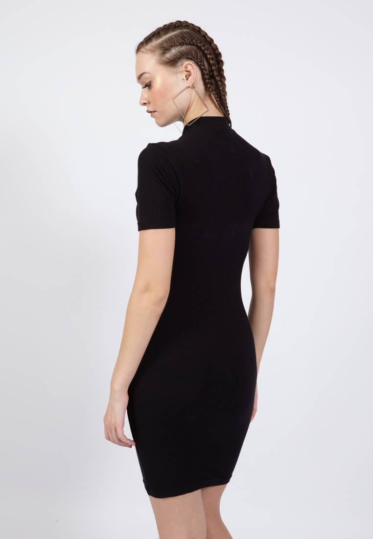 OCWA VEGA FITTED MINI SHORT SLEEVE KNIT DRESS BLACK