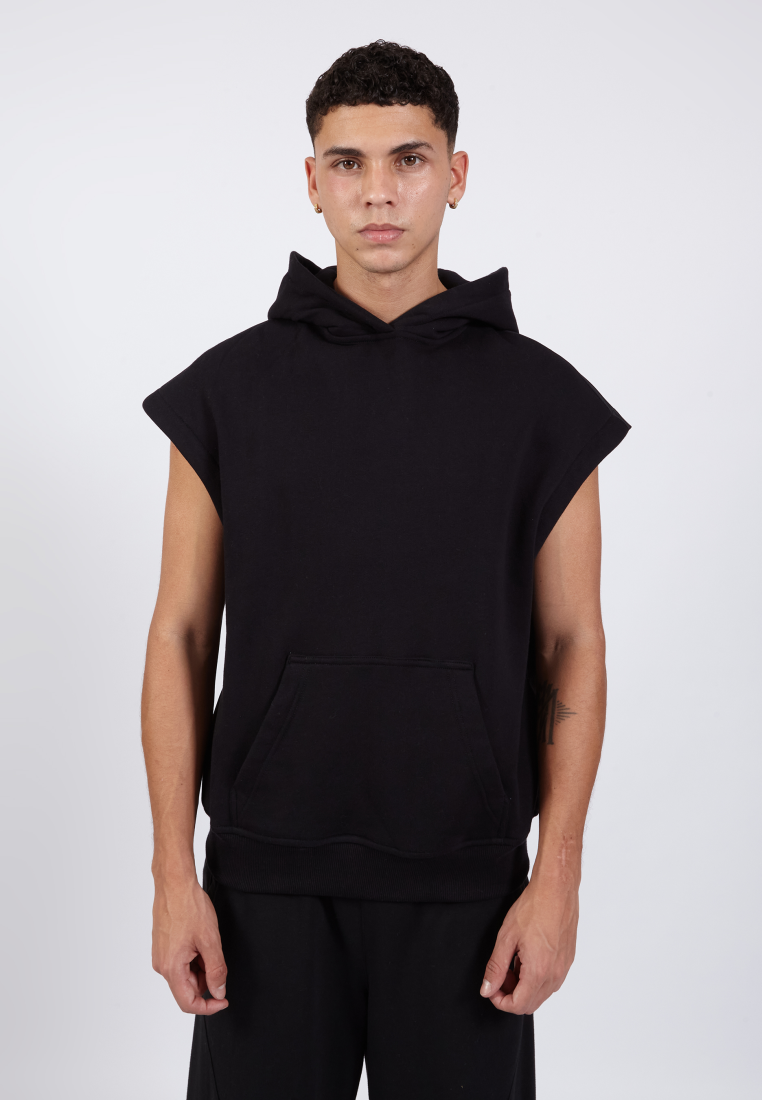 OCWA ASH BOXY SLEEVELESS MIXED FABRIC HOODIE BLACK