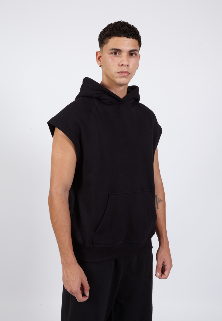 OCWA ASH BOXY SLEEVELESS MIXED FABRIC HOODIE BLACK
