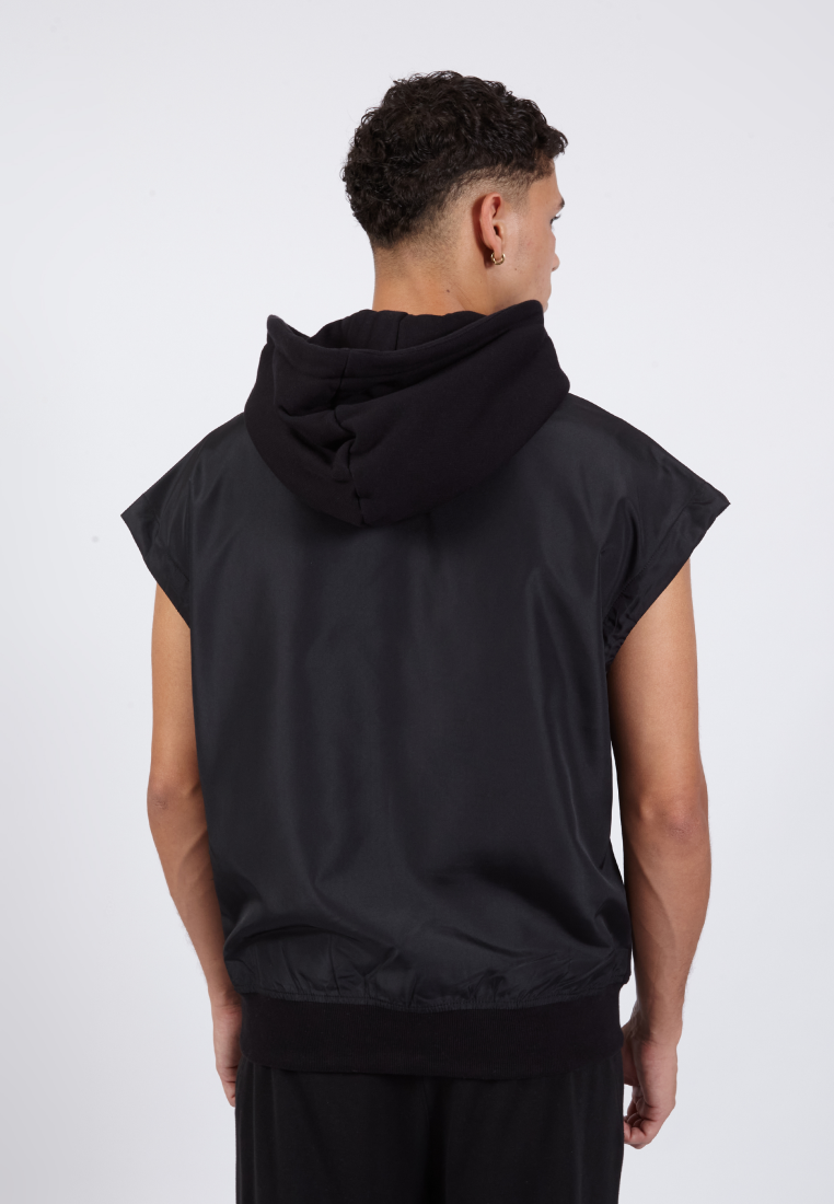 OCWA ASH BOXY SLEEVELESS MIXED FABRIC HOODIE BLACK