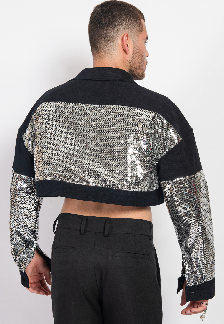 OCWA XERO SILVER SEQUIN MIXED DENIM BLACK CROP JACKET