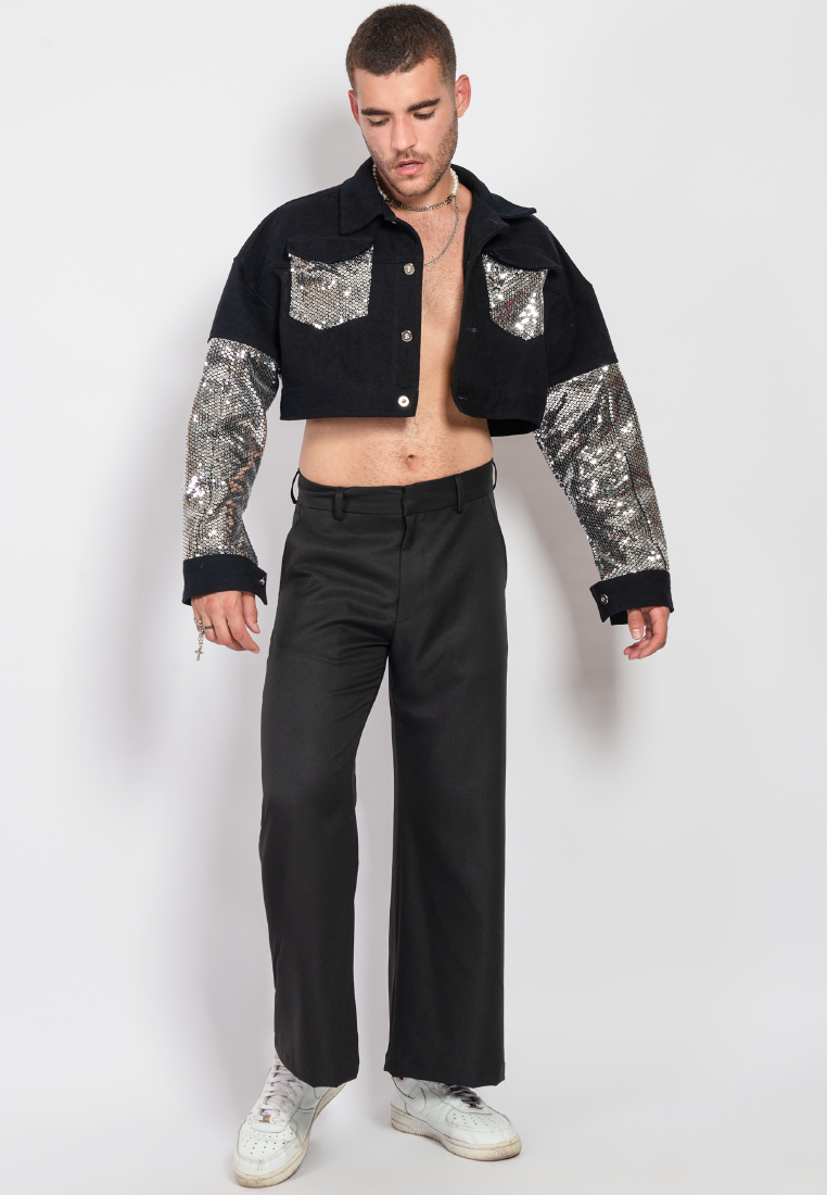 OCWA XERO SILVER SEQUIN MIXED DENIM BLACK CROP JACKET