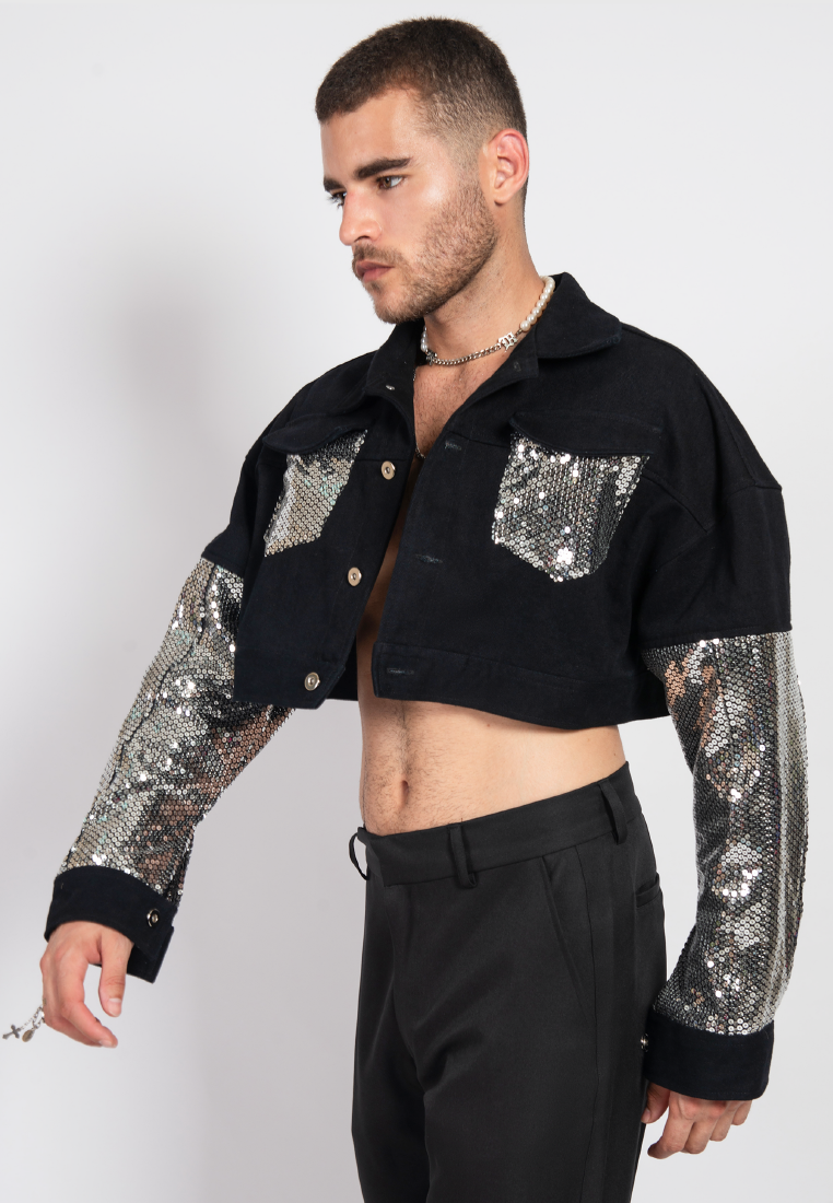 OCWA XERO SILVER SEQUIN MIXED DENIM BLACK CROP JACKET