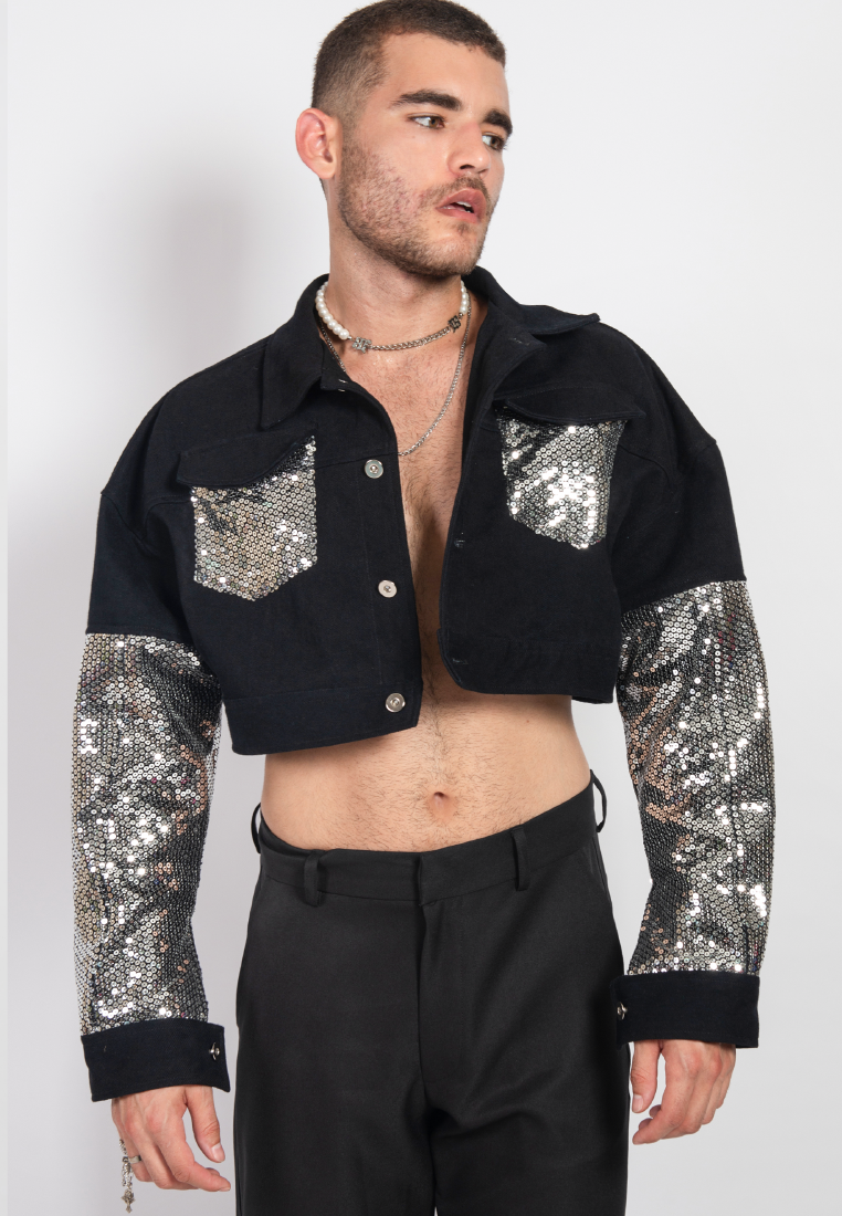 OCWA XERO SILVER SEQUIN MIXED DENIM BLACK CROP JACKET