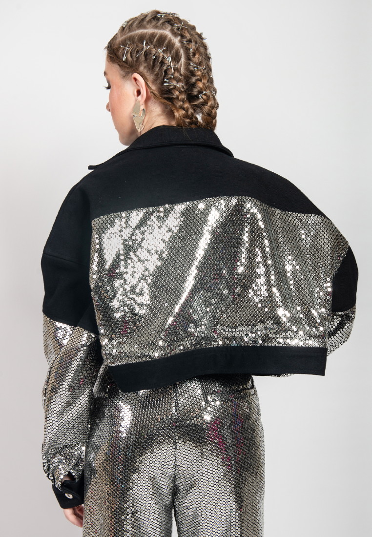 OCWA XERO SILVER SEQUIN MIXED DENIM BLACK CROP JACKET