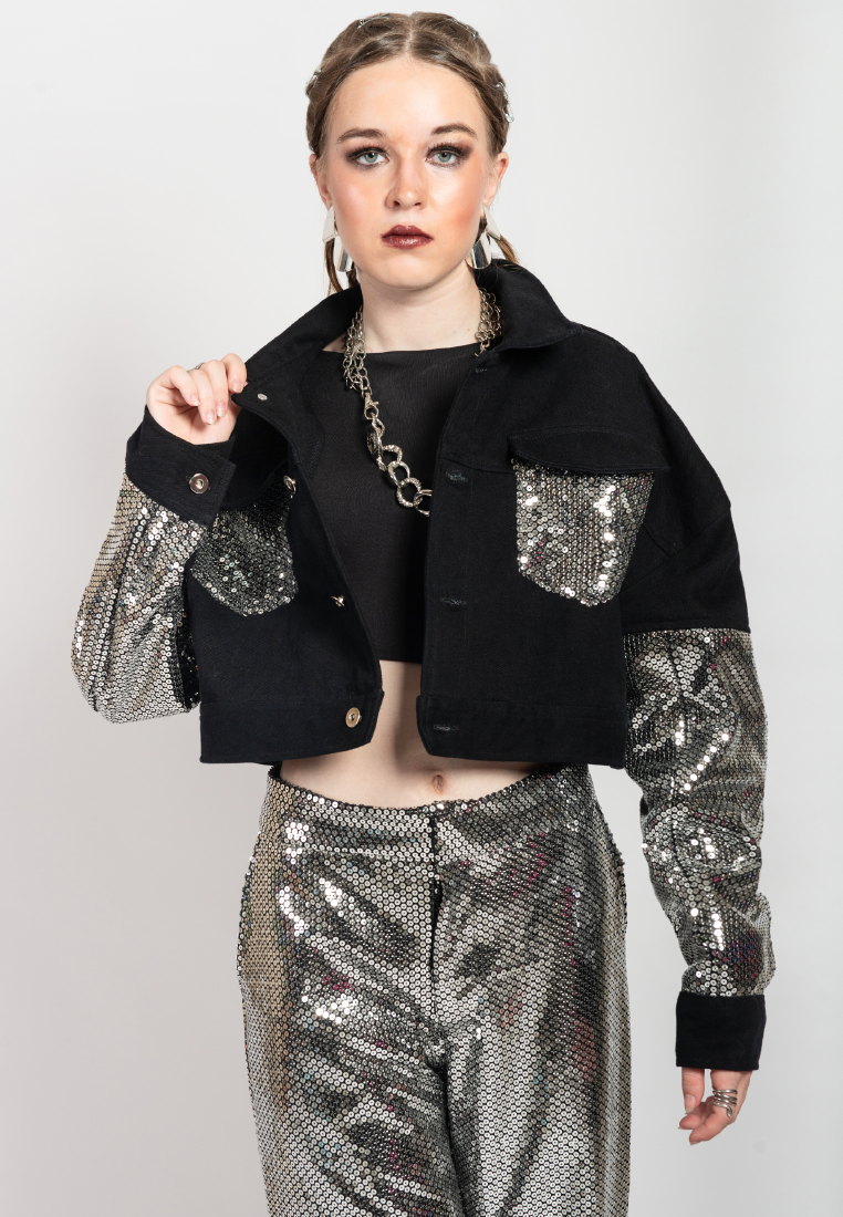 OCWA XERO SILVER SEQUIN MIXED DENIM BLACK CROP JACKET