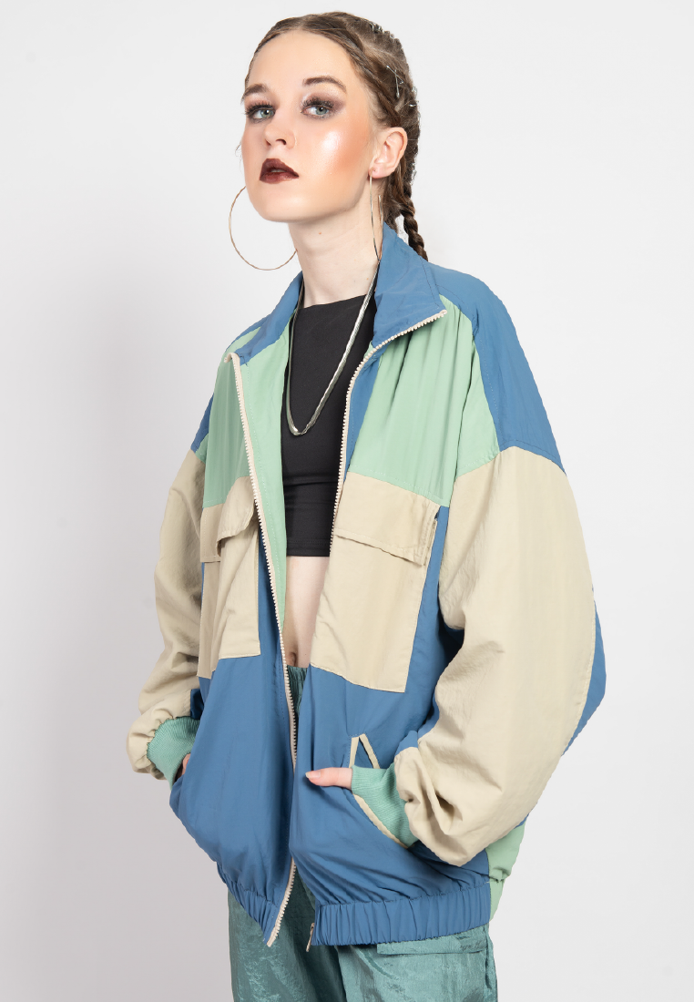 OCWA YOON OVERSIZED WATER PROOF COLOR BLOCK JACKET CREAM SAGE BLUE